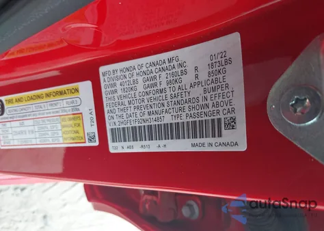 2022 Honda Civic Touring из США, поврежденный, VIN 2HGFE1F92NH314857